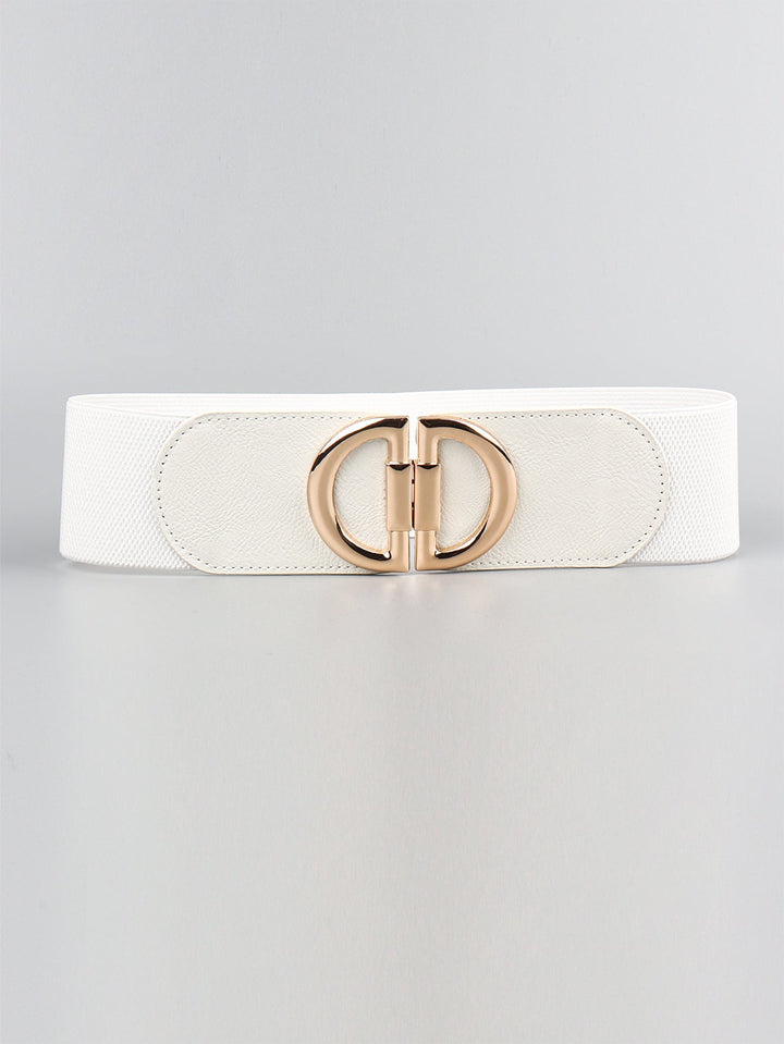 Wide elastic belt for women's dresses, creating an hourglass shape with its elegant gold buckle.