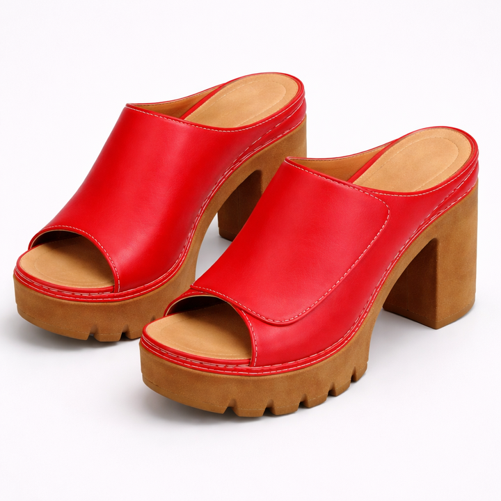 Elegant women's platform block-heel mule sandals. Comfortable dress shoes, perfect for warm weather & events.