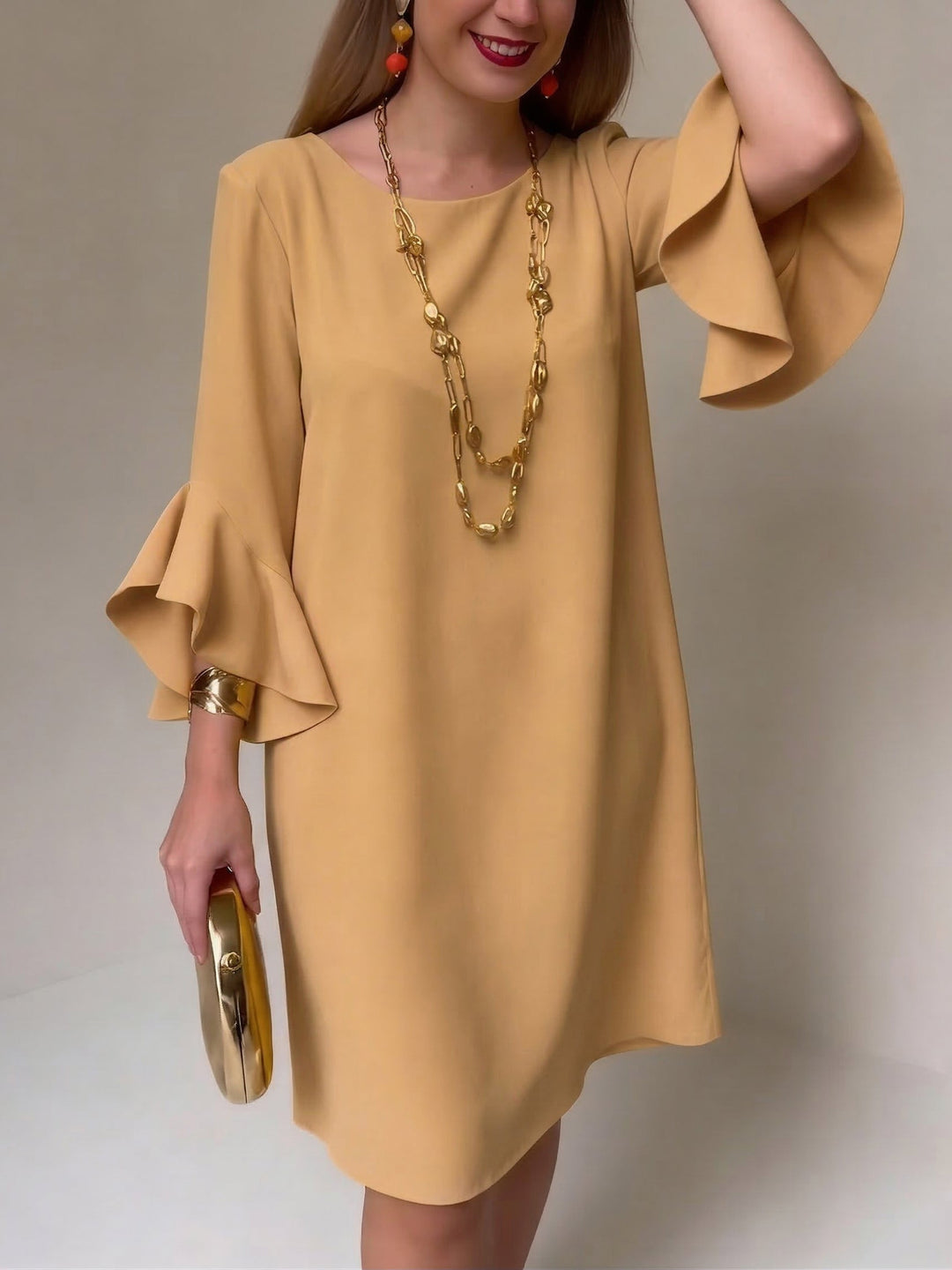 Stylish women's ruffle bell sleeve shift dress, a versatile piece for elegant casual or party wear.
