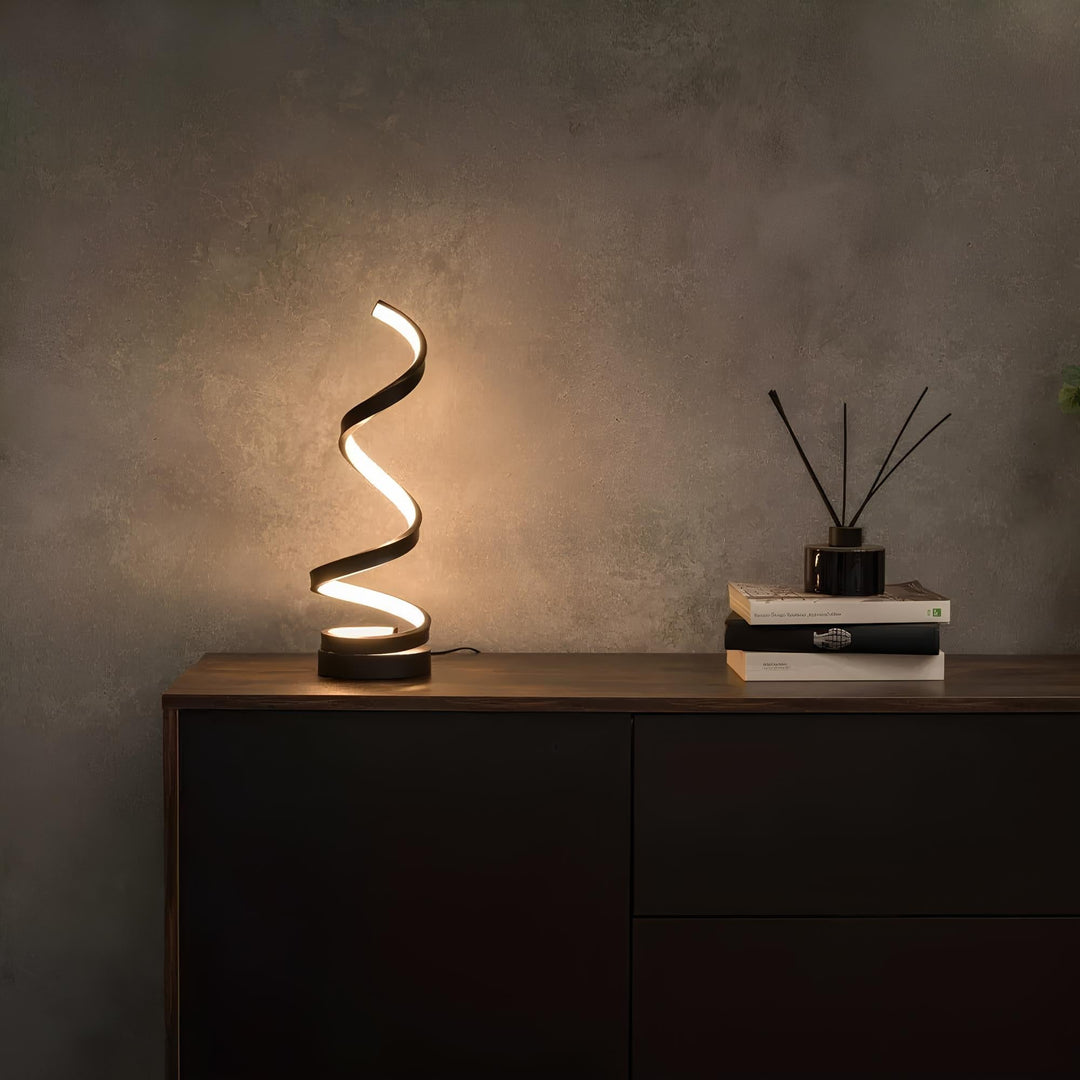 Elegant spiral LED table lamp, dimmable helix light. Modern decor for desk & bedside.