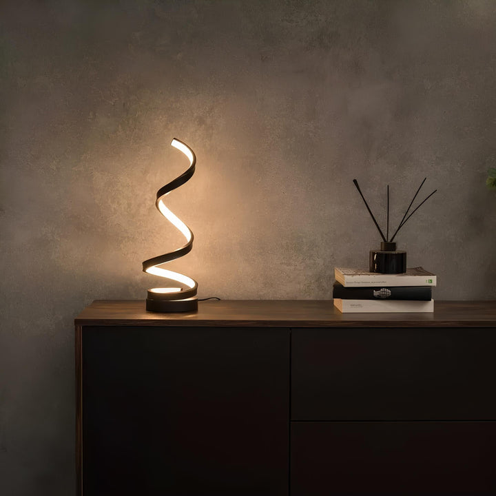 Elegant spiral LED table lamp, dimmable helix light. Modern decor for desk & bedside.