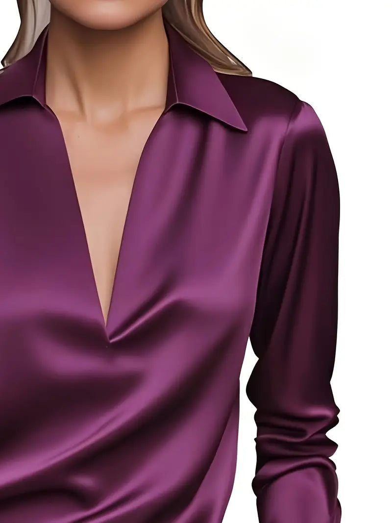 Women's V-neck blouse, elegant, premium long sleeve for sophisticated casual chic.