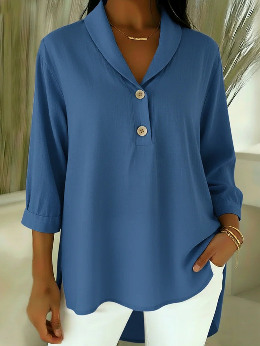 Stylish women's V-neck 3/4-sleeve blouse. Elegant top for office, casual, or everyday spring/summer fashion.