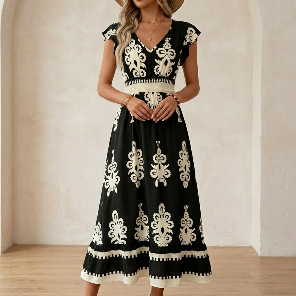 Women's elegant baroque print maxi dress with smocked waist, V-neck, and cap sleeves.