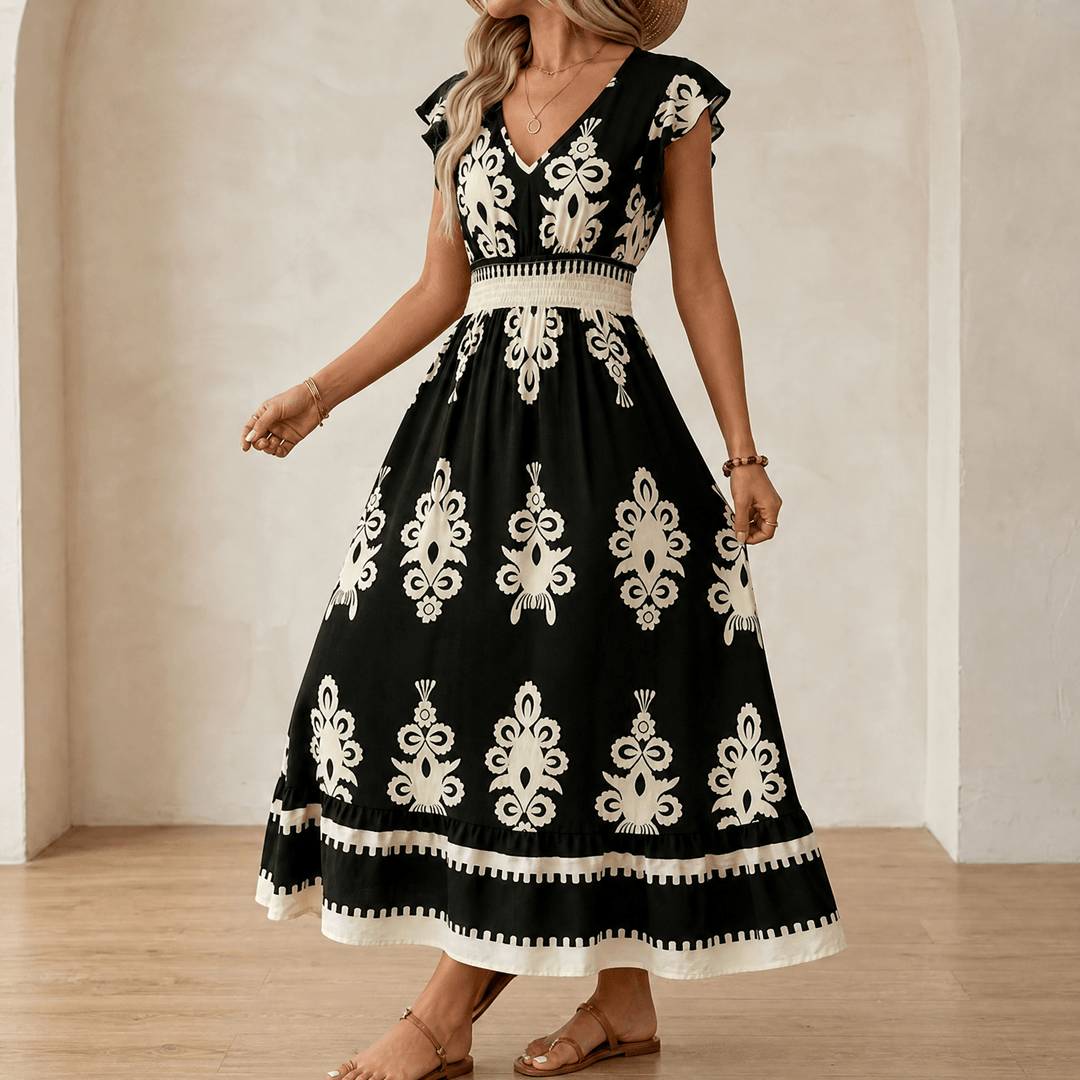 Baroque print long dress for women, featuring a V-neck, cap sleeve, and smocked waist.