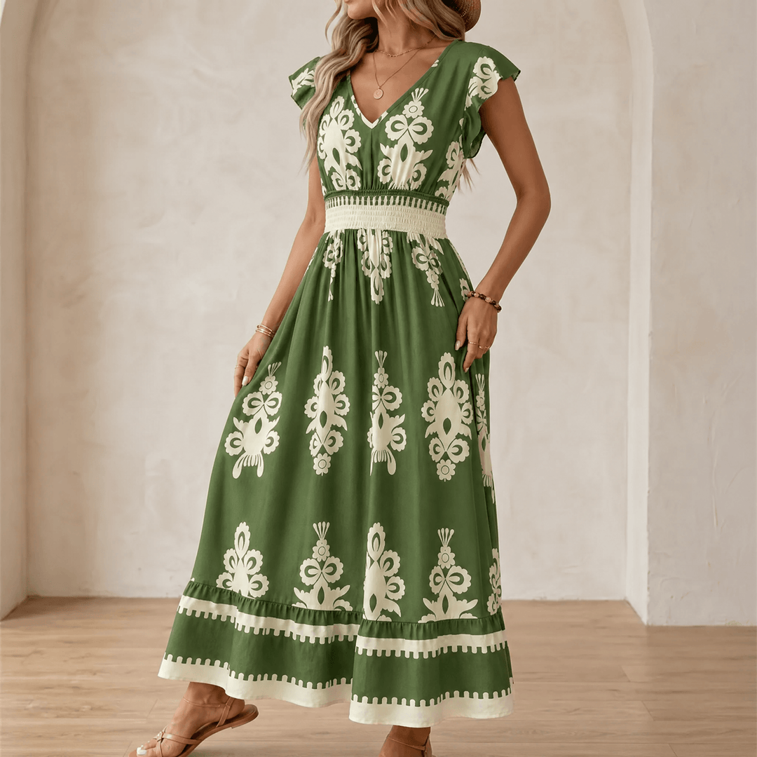 Elegant women's evening maxi dress, baroque print, with a stylish smocked waist.
