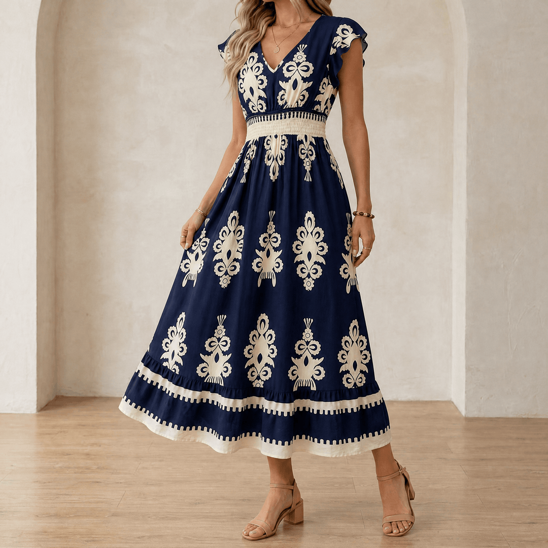 Chic women's summer maxi dress, baroque print, V-neck, cap sleeves, and smocked waist.