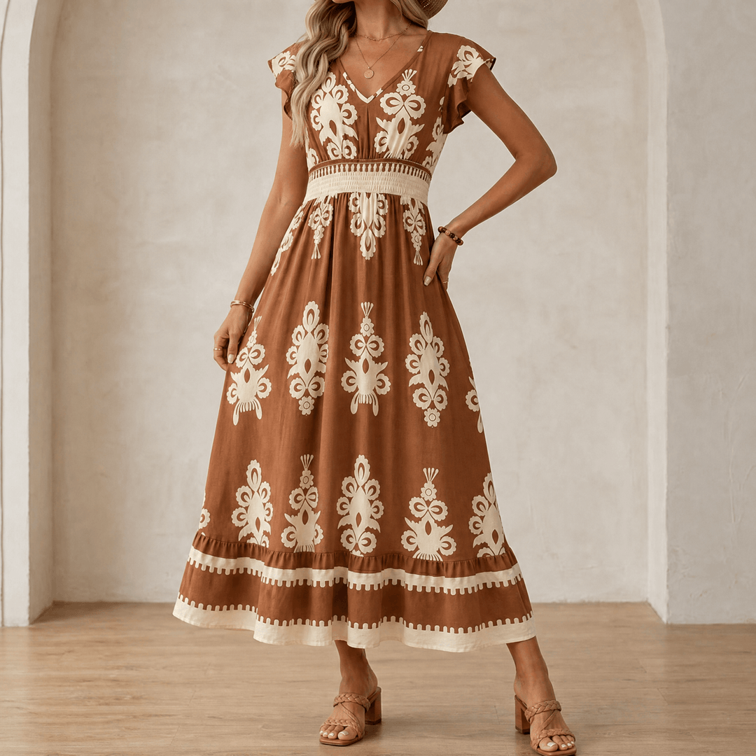 Women's baroque print V-neck maxi dress, cap sleeves, and smocked waist; elegant & versatile.