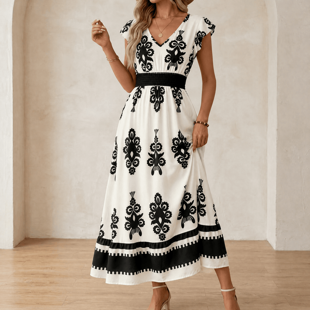 Maxi dress for women, baroque print pattern, with a flattering smocked waist and V-neck.