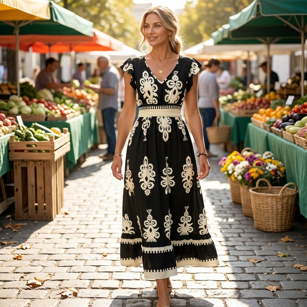 Women's V-neck maxi dress, baroque print, and smocked waist for an elegant look.