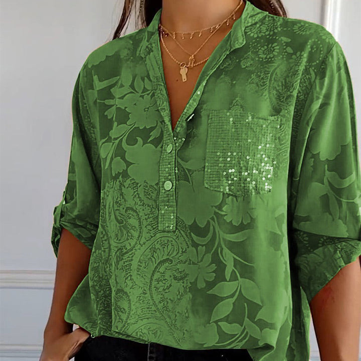 Amaya Women's Fashion Top with V-neck & button placket, perfect for elegant spring/summer style.
