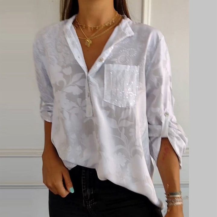 Women's V-Neck Button Placket Top, elegant & versatile for spring/summer casual chic fashion.