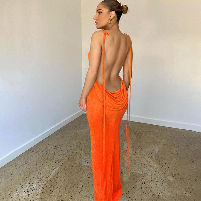 Elegant Fayen maxi dress, low back design, suitable for women's formal or special events.