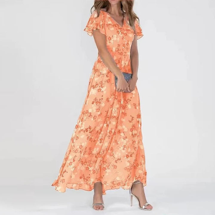 Glamorous women's V-neck maxi dress with tummy-covering design for a flattering, elegant fit. Perfect for summer parties.