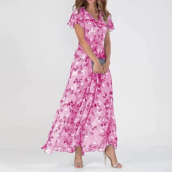Elegant women's V-neck maxi dress offering a flattering tummy-covering fit. Perfect summer party or vacation attire.