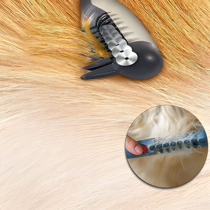 Dog enjoying a gentle, knot-free trim. This dog trimmer ensures painless coat care, removing tangles effectively.