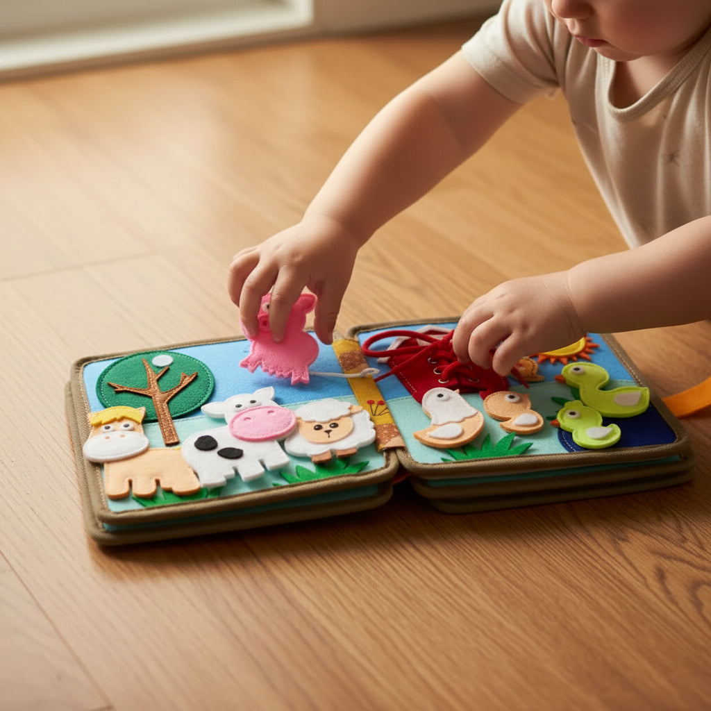 Portable felt board learning book for toddlers, an educational travel toy that fosters fine motor skills & interactive quiet play.