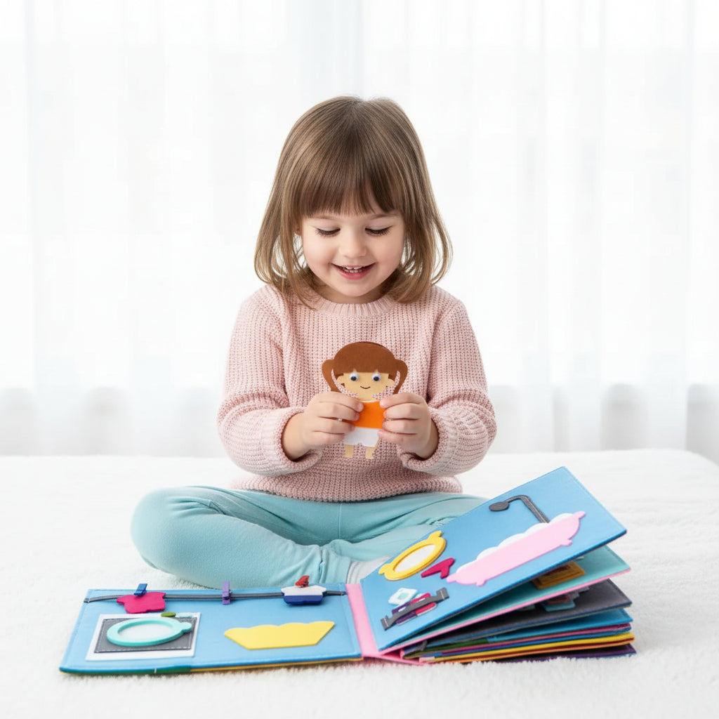 Educational felt board book set for toddlers, promoting quiet time activities, interactive learning, and fine motor skill development.