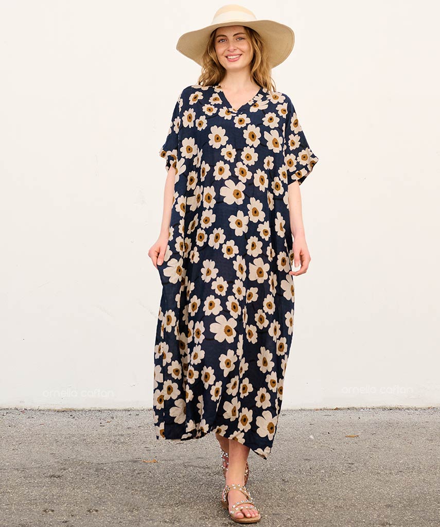 Beautiful women's flowing floral maxi caftan dress; an elegant and comfortable summer V-neck design.