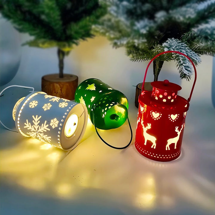 Warm glow LED Christmas lantern. Festive metal decor creating a cozy holiday ambiance for any room.