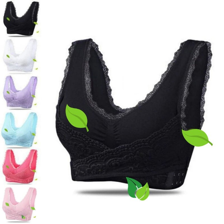 Elegant women's wireless lace bra, combining supportive comfort with delicate lingerie style.