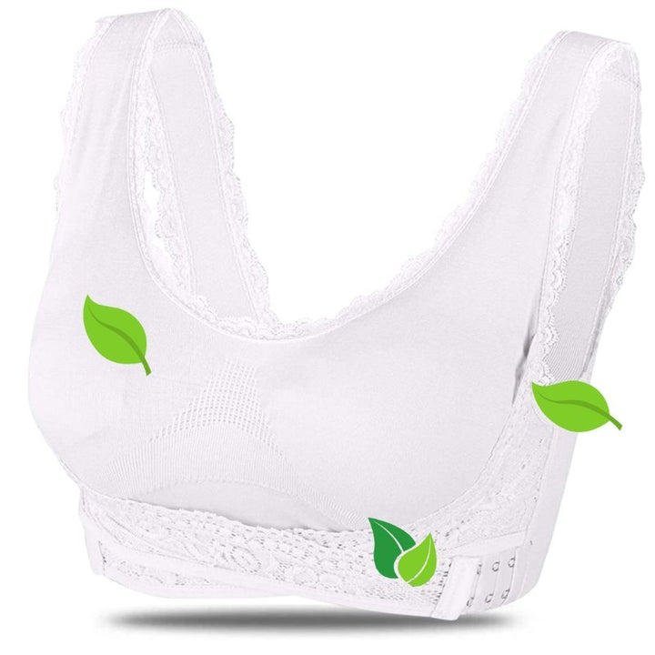 Comfort-fit wireless bra for women, adorned with intricate lace detailing and supportive cups.