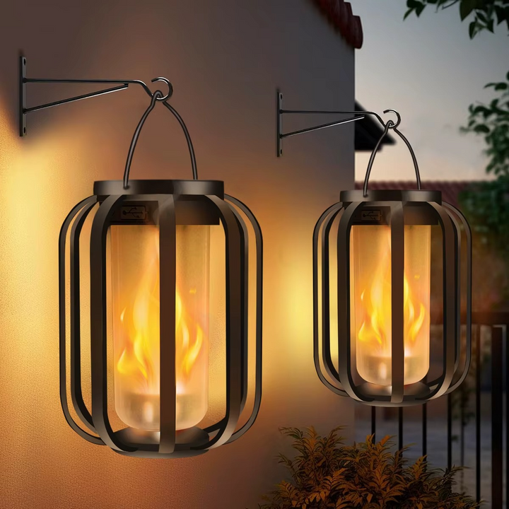 Portable LED flame effect lamp, solar & USB powered, realistic flickering light for ambiance.