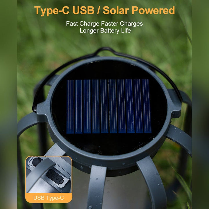 Portable solar & USB LED flame lamp for camping & outdoor adventures, safe, flameless, and bright.