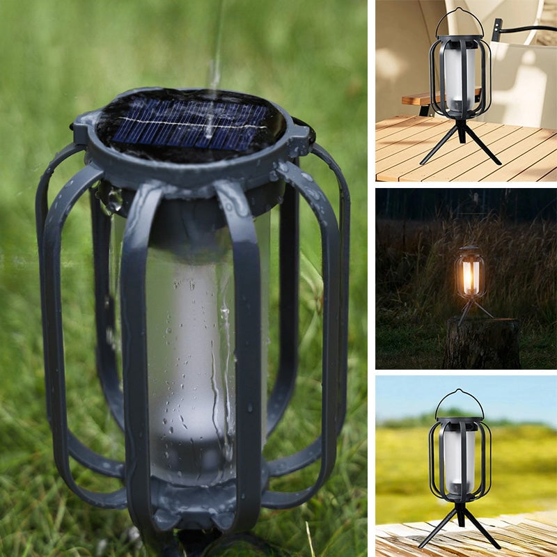 Realistic flickering flame effect LED lamp, portable, solar & USB for versatile use.