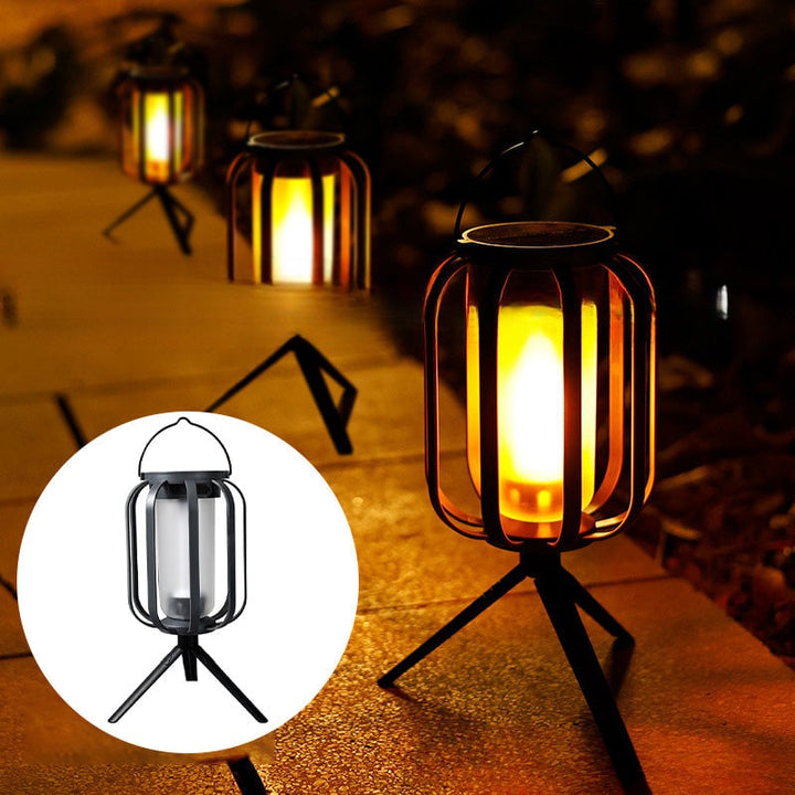 Versatile LED flame effect lamp, ideal for camping, patio, or indoor decor, solar & USB charged.