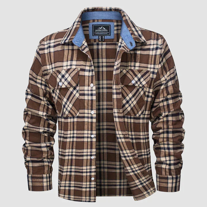 Warm men's Logan flannel-lined button-down shirt. Ideal long-sleeve outerwear for casual fall & winter fashion.
