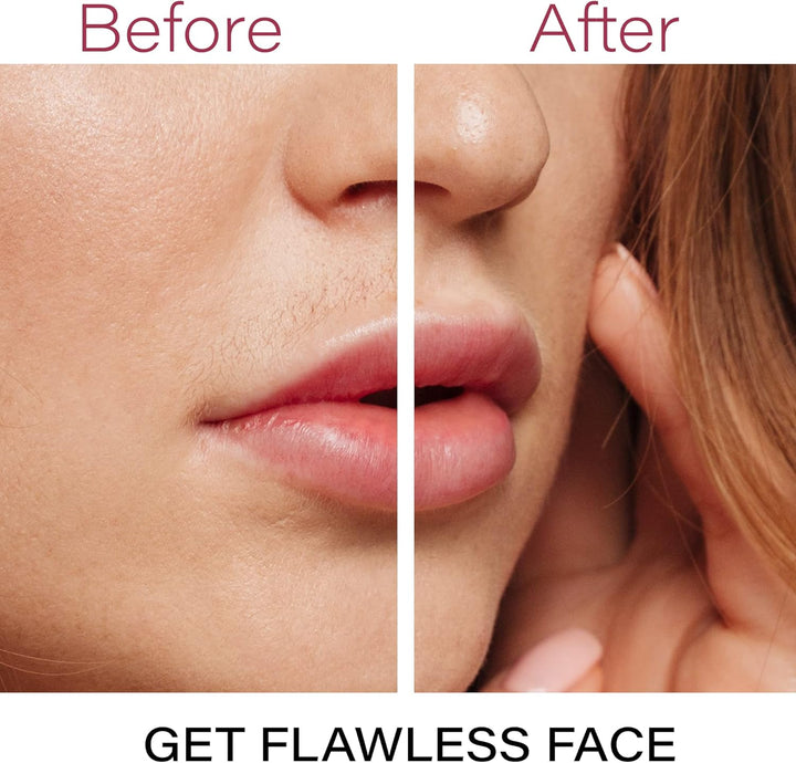 Woman using a facial hair remover for smooth, peach fuzz-free skin; a key face beauty tool.