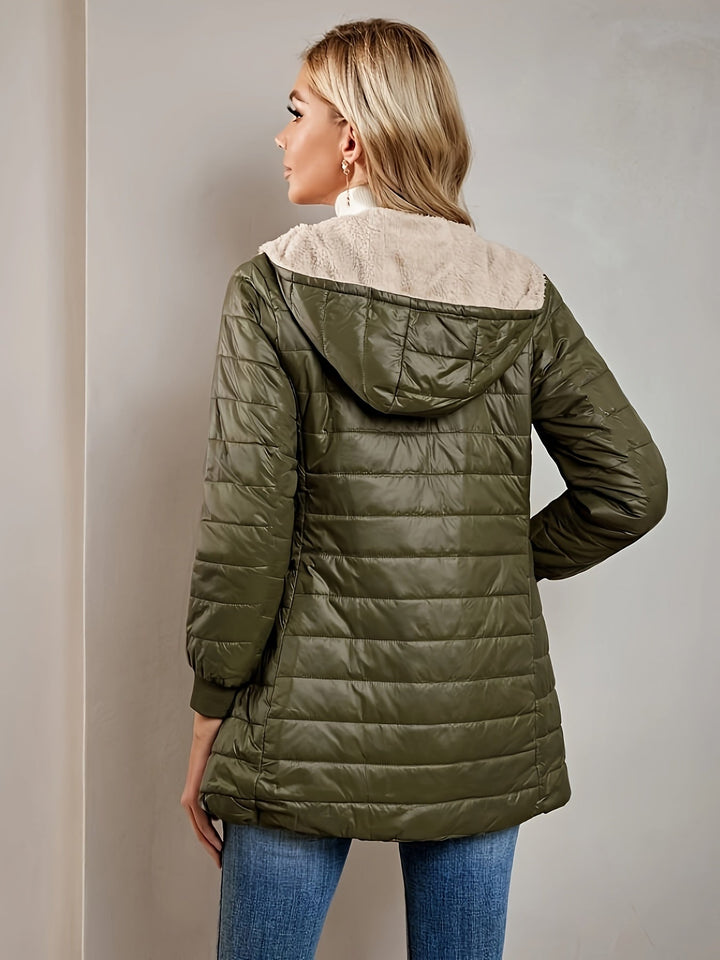 Full-length view of a women's casual fleece zip-up jacket, ideal for cold weather and fall fashion.