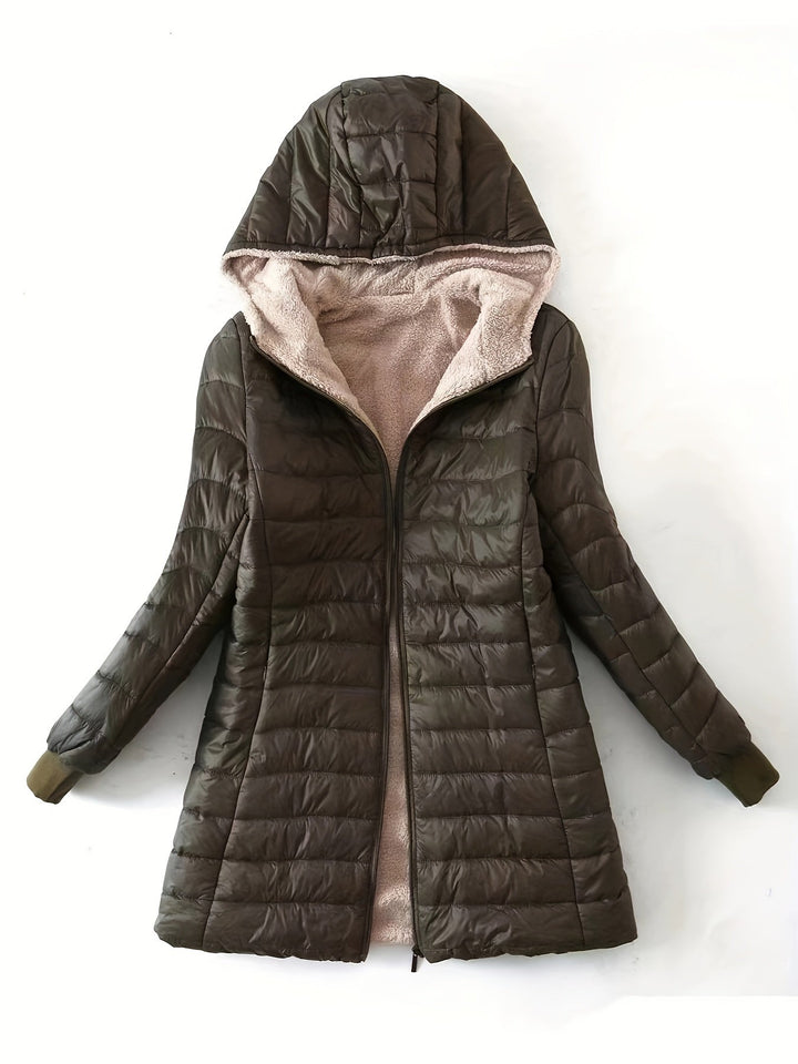 Stylish women's zip-up fleece jacket, providing warmth and comfort in cold weather.