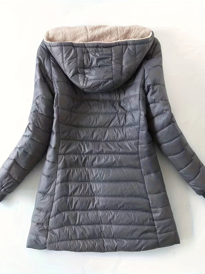 Eliza model women's warm fleece jacket, a versatile zip-up outerwear for winter comfort.
