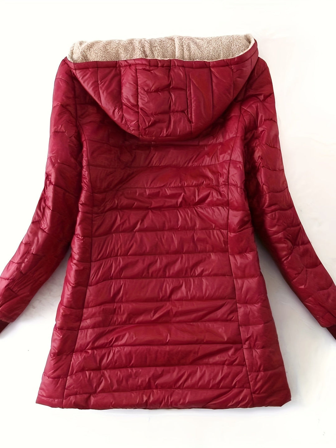 Close-up of a women's fleece-lined zip-up jacket, showcasing its warm texture for winter.