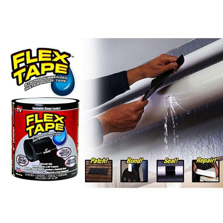 Black rubber repair tape, 4 inch wide, creates strong waterproof seal for pipes & general leak fixing.