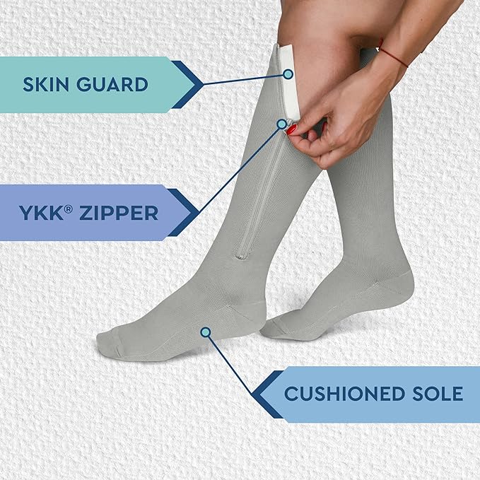 Breathable open-toe compression socks with zipper for enhanced foot comfort.