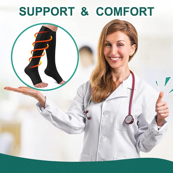 Travel compression socks with convenient zipper for reducing leg fatigue & swelling.