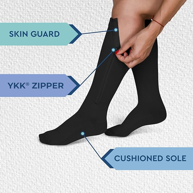 Gradient compression socks with zipper, ideal for lymphoedema & improved circulation.
