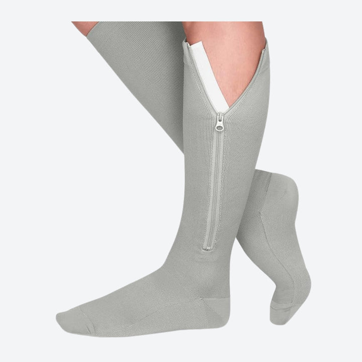 White unisex zipper compression socks for everyday comfort & effective leg support.