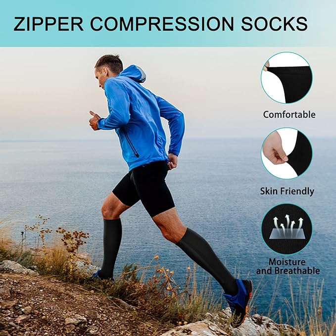 Black open-toe zipper compression socks, offering maximum foot pain relief.