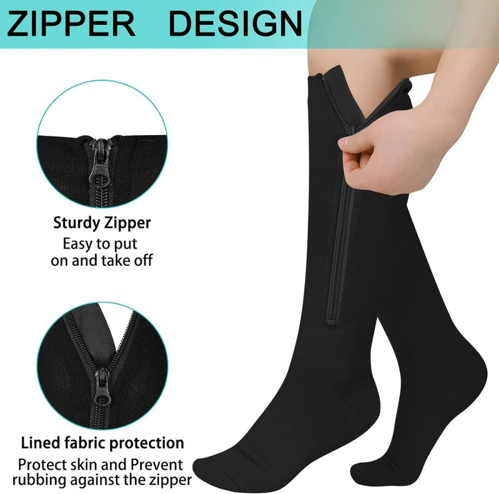 Open-toe zipper compression socks provide relief from foot pain & swelling.