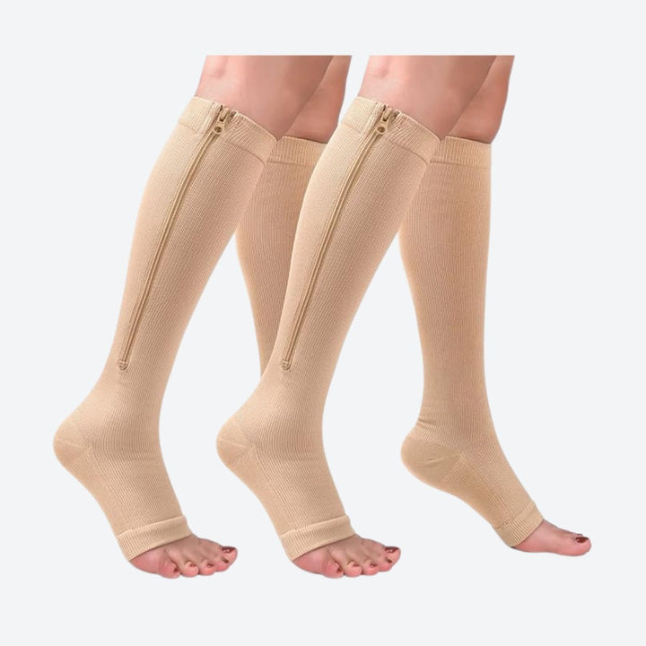 Zippered leg compression socks, designed for unisex use and active lifestyles.