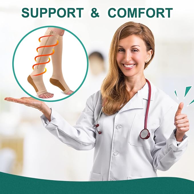 Zipper compression socks supporting circulation & minimizing leg fatigue.