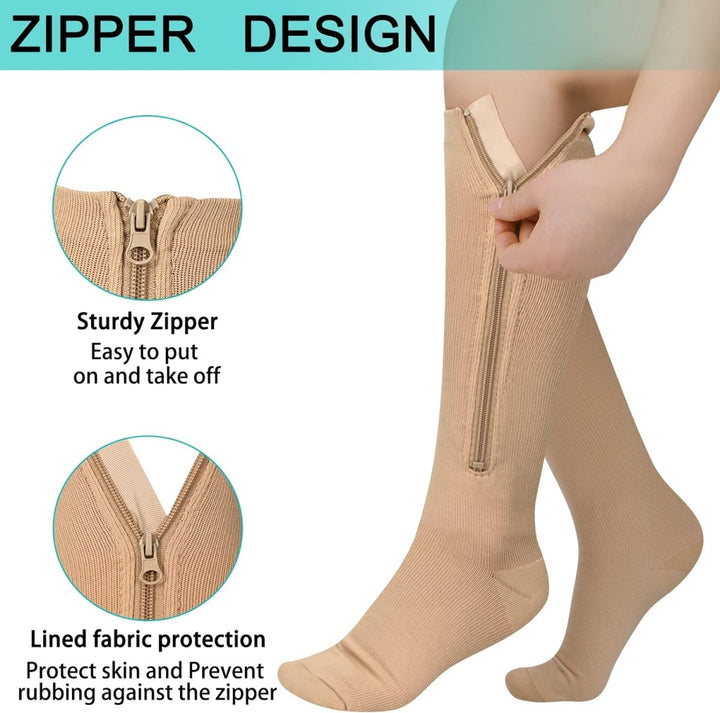 Durable unisex compression socks with zipper for sustained leg support & comfort.