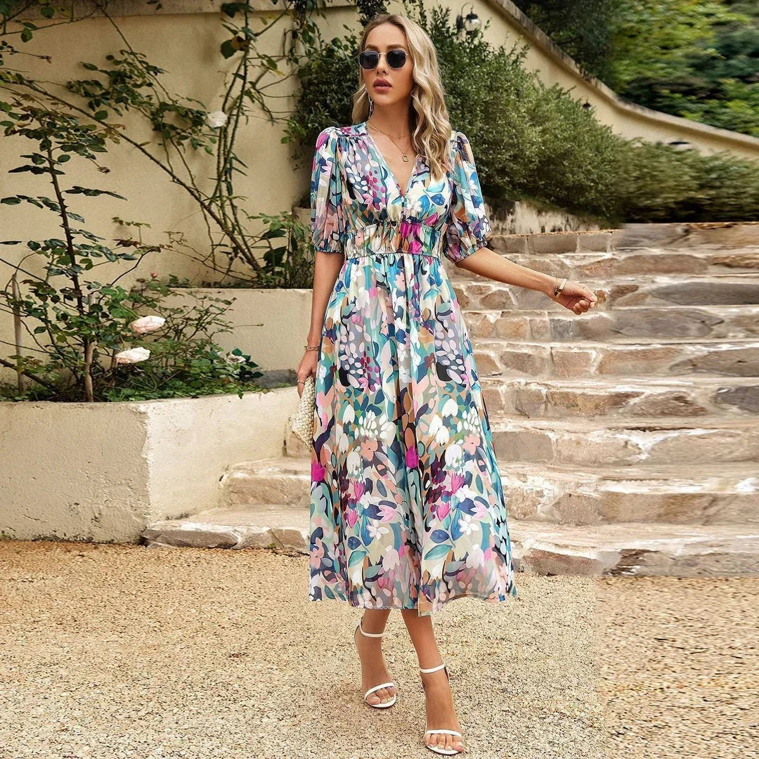 Stylish women's blue V-neck maxi dress for spring & summer. Elegant, versatile, and comfortable.
