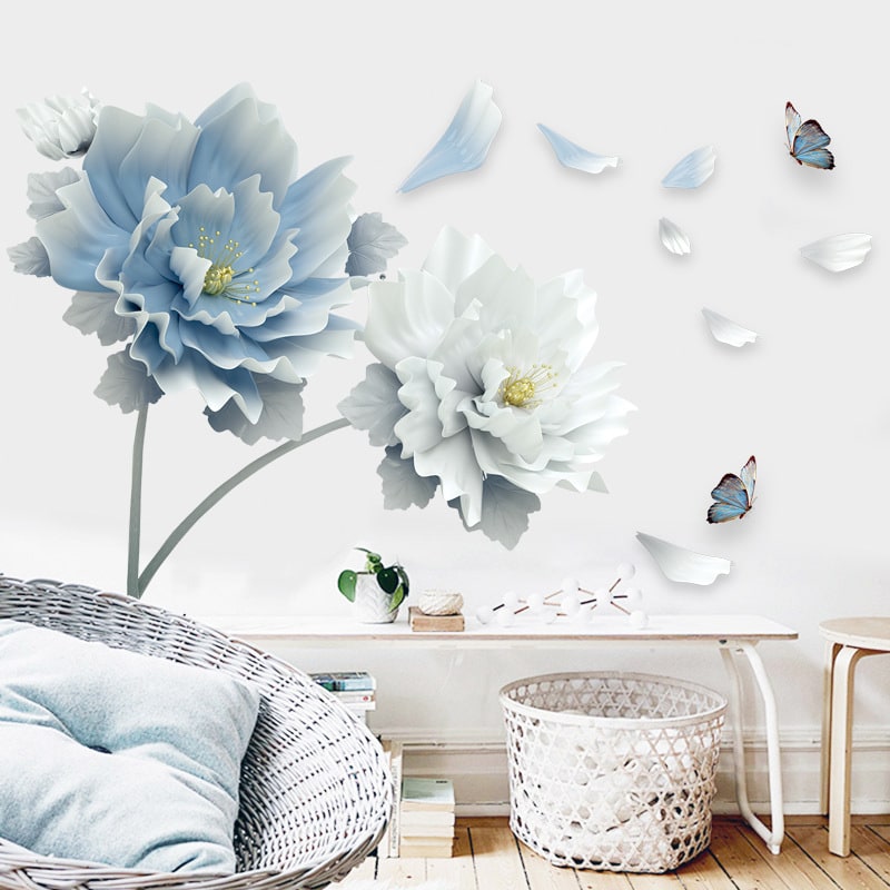 Vibrant floral wall decor decal with butterflies, easy install peel & stick home art.