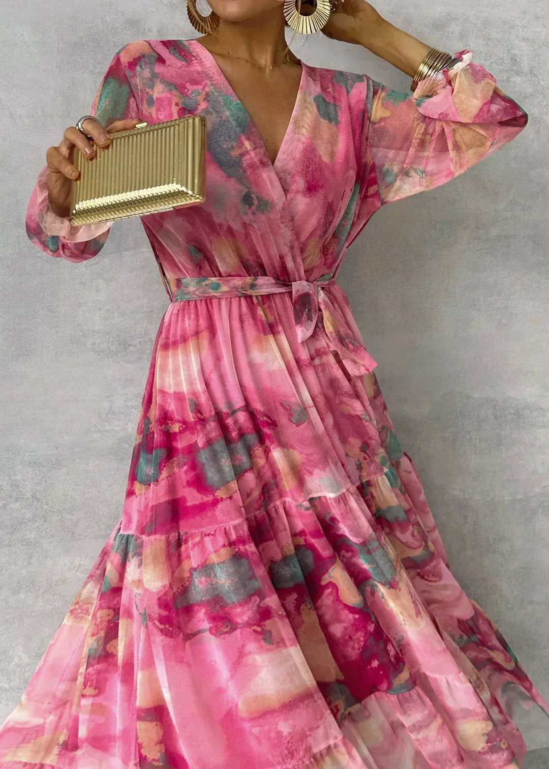 Stylish women's floral wrap maxi dress, long sleeve design, perfect elegant dress for various occasions.