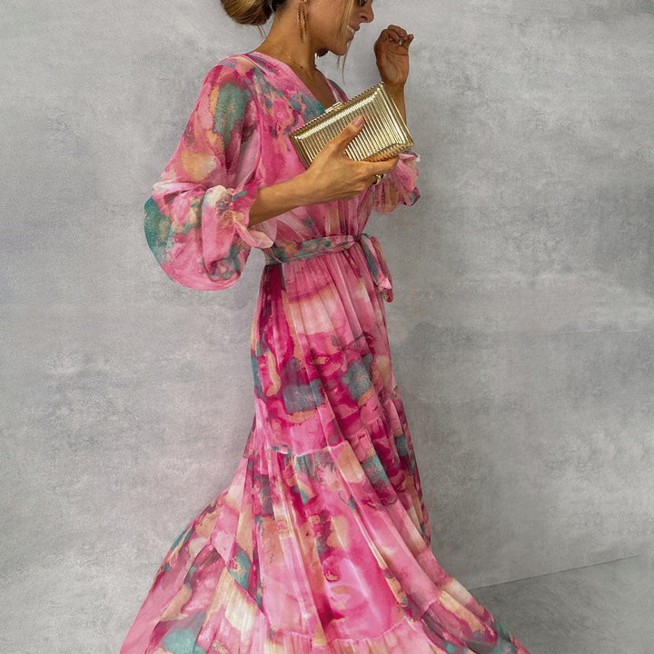 Beautiful women's floral wrap maxi dress with long sleeves, a chic choice for spring fashion & summer style.